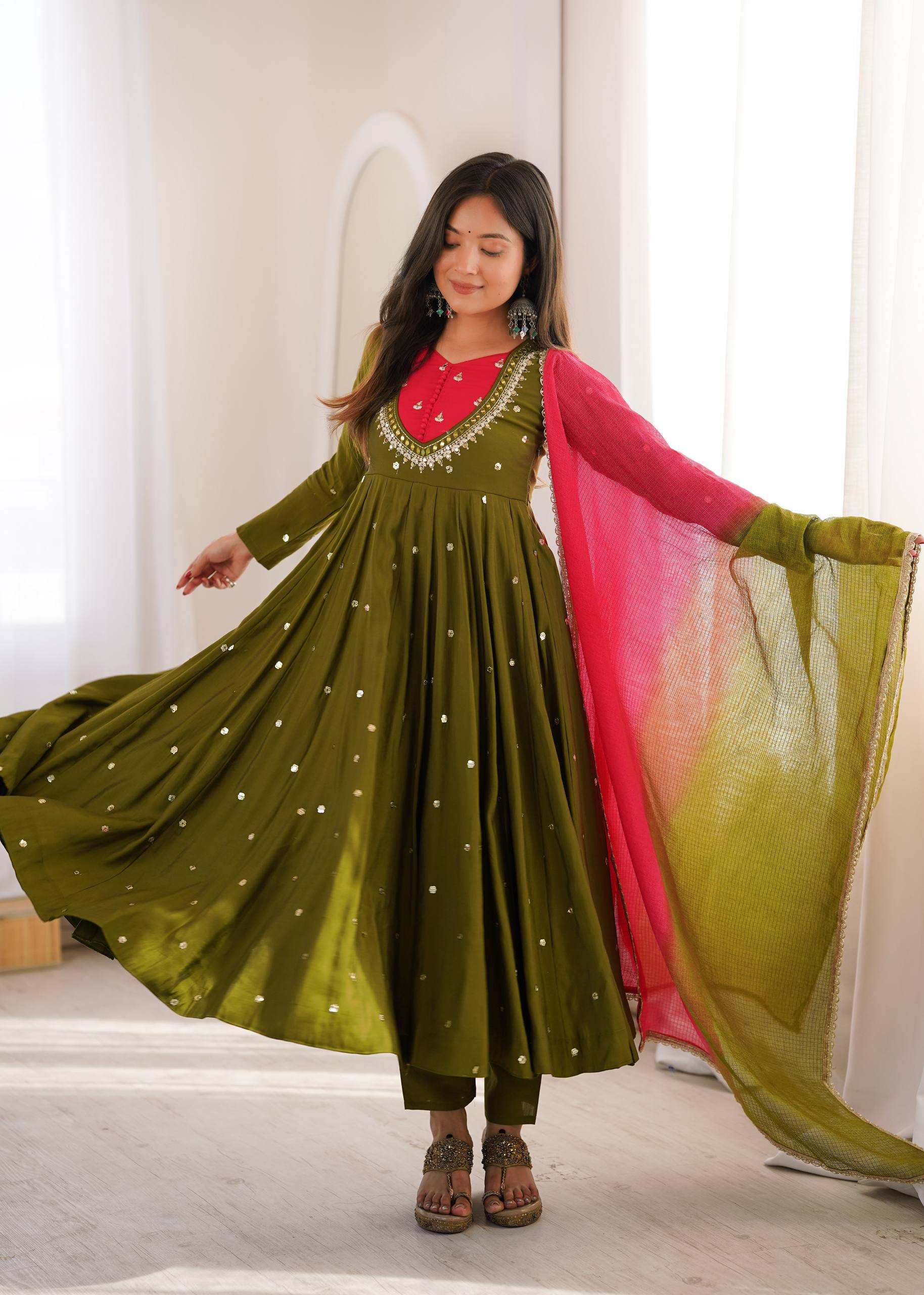 Designer Roman Silk Gown with Real Mirror Embroidery and Dupatta