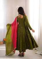 Designer Roman Silk Gown with Real Mirror Embroidery and Dupatta