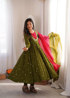 Designer Roman Silk Gown with Real Mirror Embroidery and Dupatta