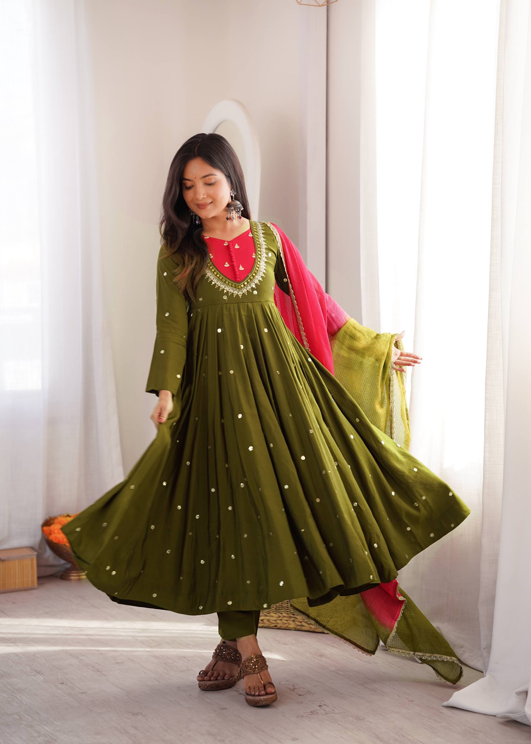 Designer Roman Silk Gown with Real Mirror Embroidery and Dupatta