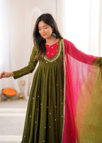 Designer Roman Silk Gown with Real Mirror Embroidery and Dupatta