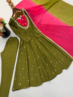 Designer Roman Silk Gown with Real Mirror Embroidery and Dupatta