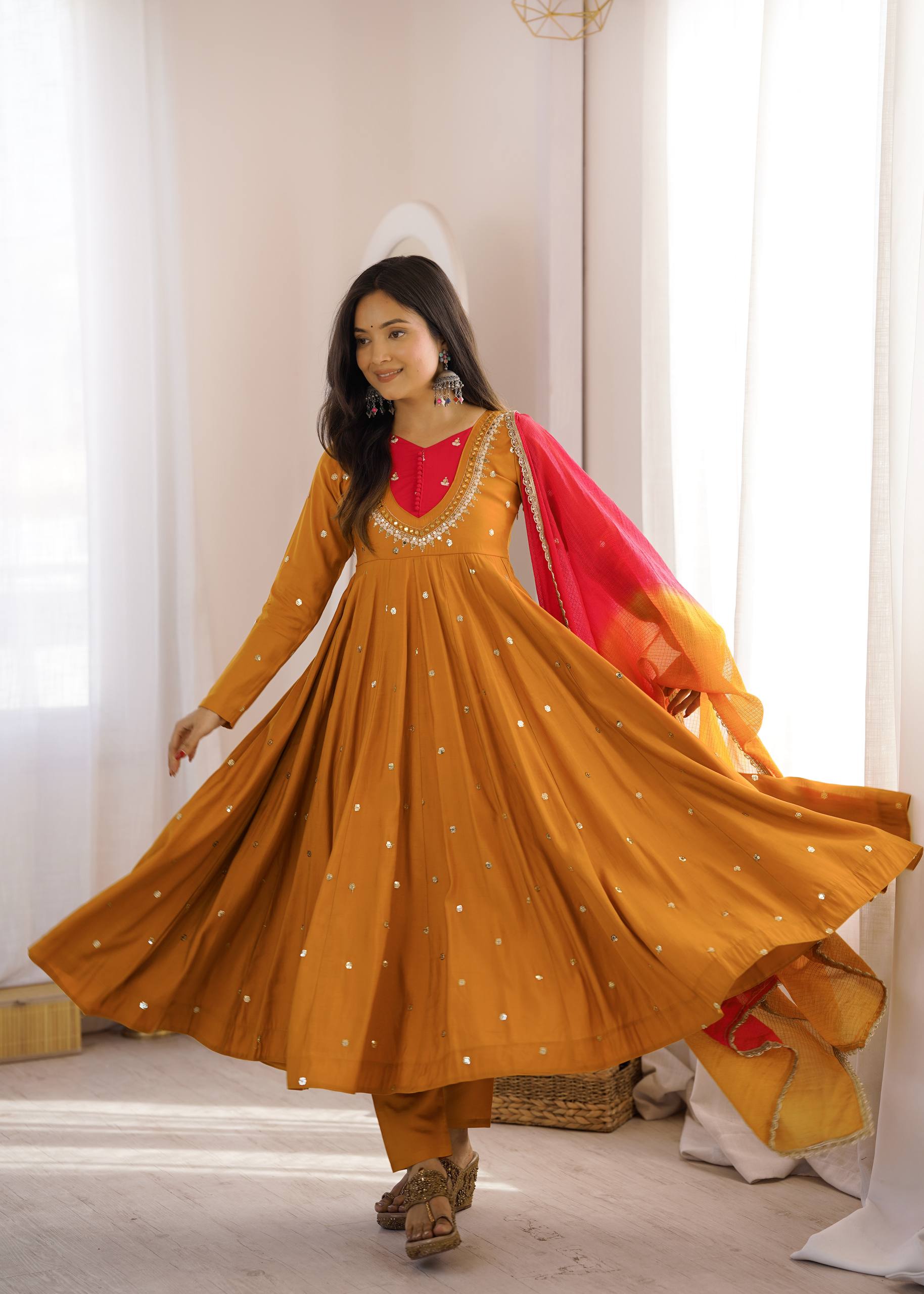 Designer Roman Silk Gown with Real Mirror Embroidery and Dupatta
