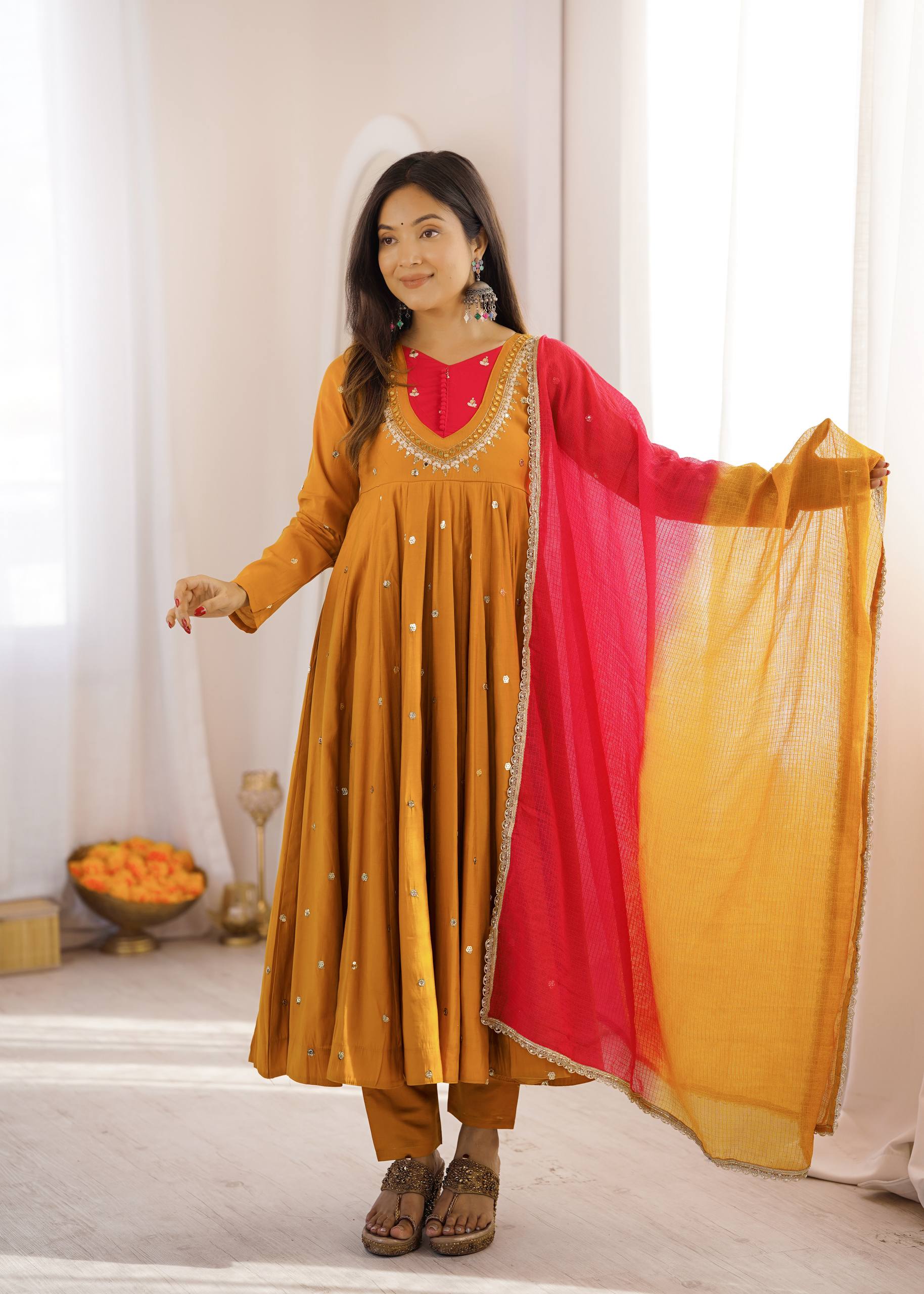 Designer Roman Silk Gown with Real Mirror Embroidery and Dupatta
