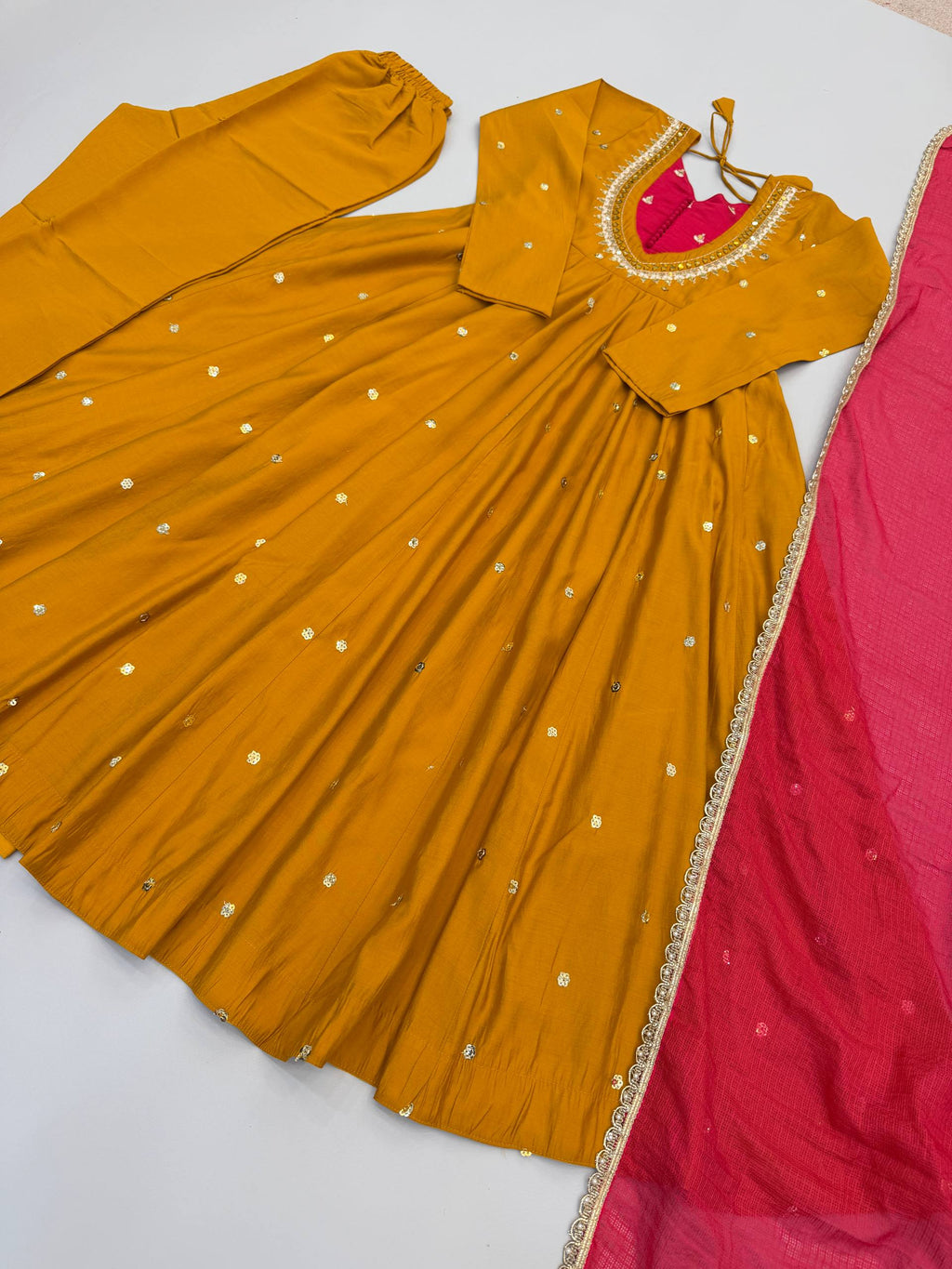 Designer Roman Silk Gown with Real Mirror Embroidery and Dupatta