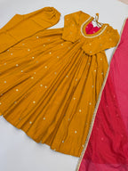 Designer Roman Silk Gown with Real Mirror Embroidery and Dupatta