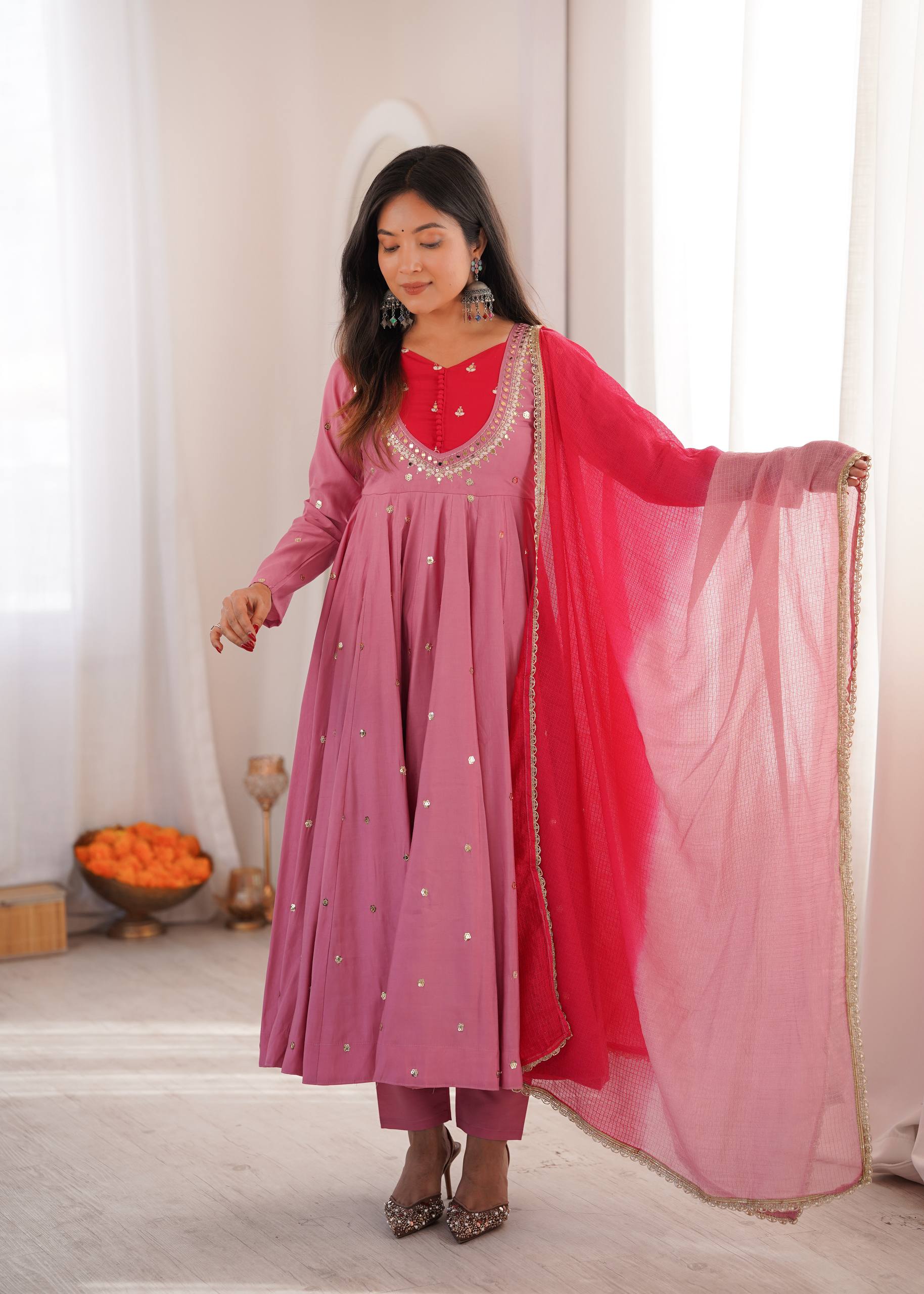 Designer Roman Silk Gown with Real Mirror Embroidery and Dupatta
