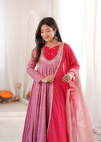Designer Roman Silk Gown with Real Mirror Embroidery and Dupatta