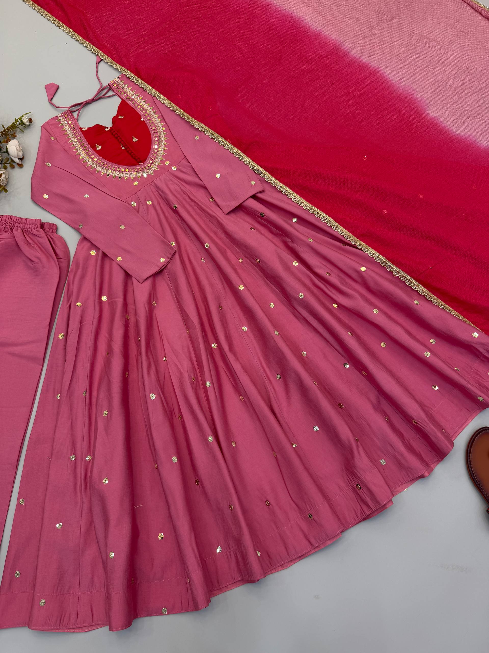 Designer Roman Silk Gown with Real Mirror Embroidery and Dupatta