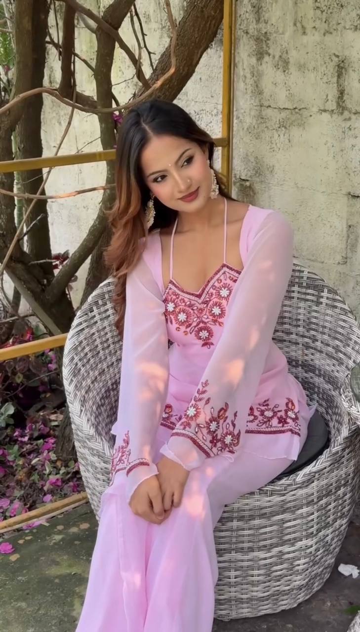 Heavy Faux Georgette Plazzo Set with Embroidery Sequence Work