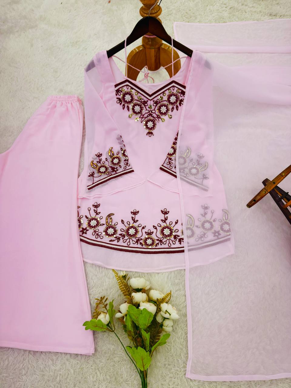 Heavy Faux Georgette Plazzo Set with Embroidery Sequence Work