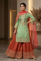 Cos-Moss Palazzo Suit with Cording Sequence Embroidery & Organza Dupatta