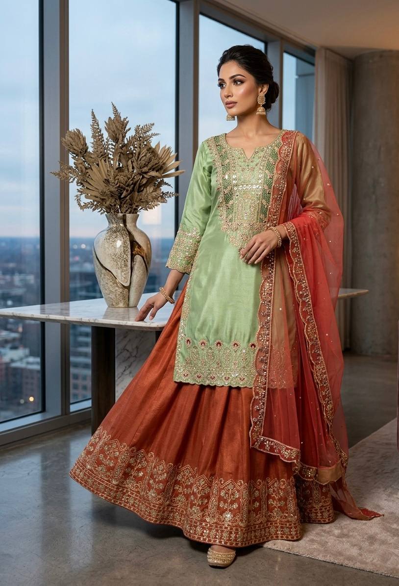 Cos-Moss Palazzo Suit with Cording Sequence Embroidery & Organza Dupatta