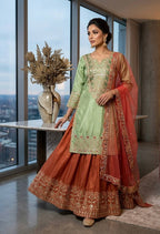 Cos-Moss Palazzo Suit with Cording Sequence Embroidery & Organza Dupatta