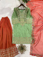 Cos-Moss Palazzo Suit with Cording Sequence Embroidery & Organza Dupatta
