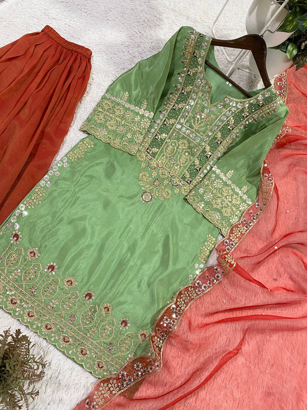 Cos-Moss Palazzo Suit with Cording Sequence Embroidery & Organza Dupatta