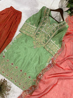 Cos-Moss Palazzo Suit with Cording Sequence Embroidery & Organza Dupatta