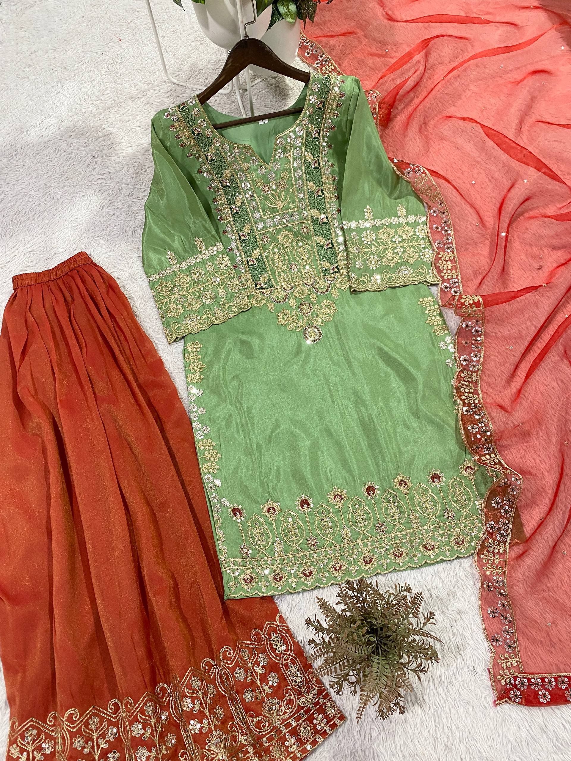 Cos-Moss Palazzo Suit with Cording Sequence Embroidery & Organza Dupatta