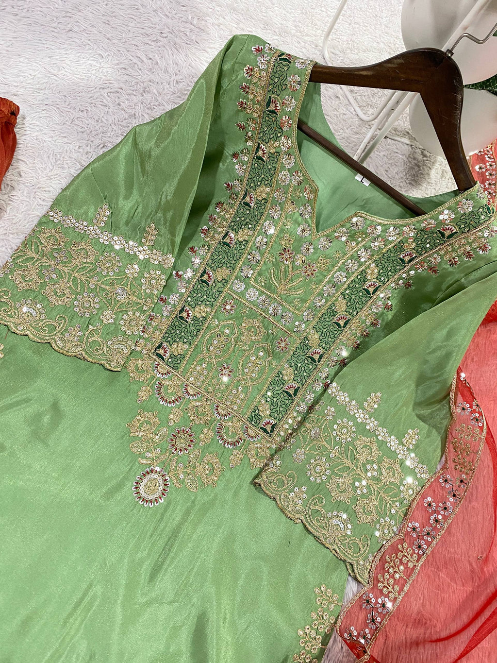 Cos-Moss Palazzo Suit with Cording Sequence Embroidery & Organza Dupatta