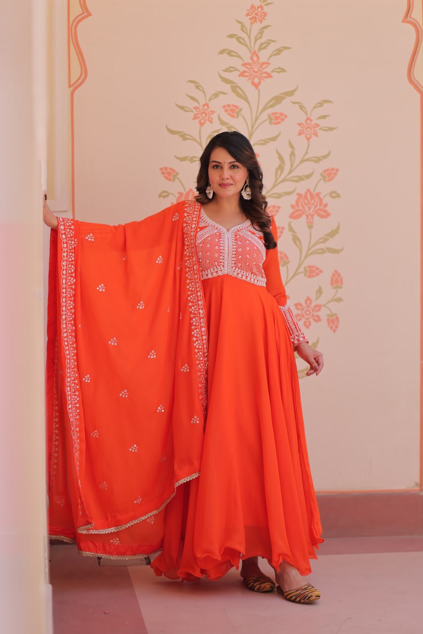 Star Georgette Umbrella Flair Gown with Sequins, Coding & Beads Work