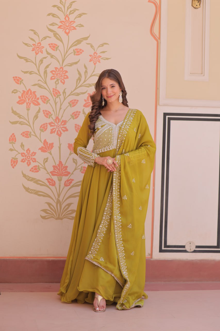 Star Georgette Umbrella Flair Gown with Sequins, Coding & Beads Work