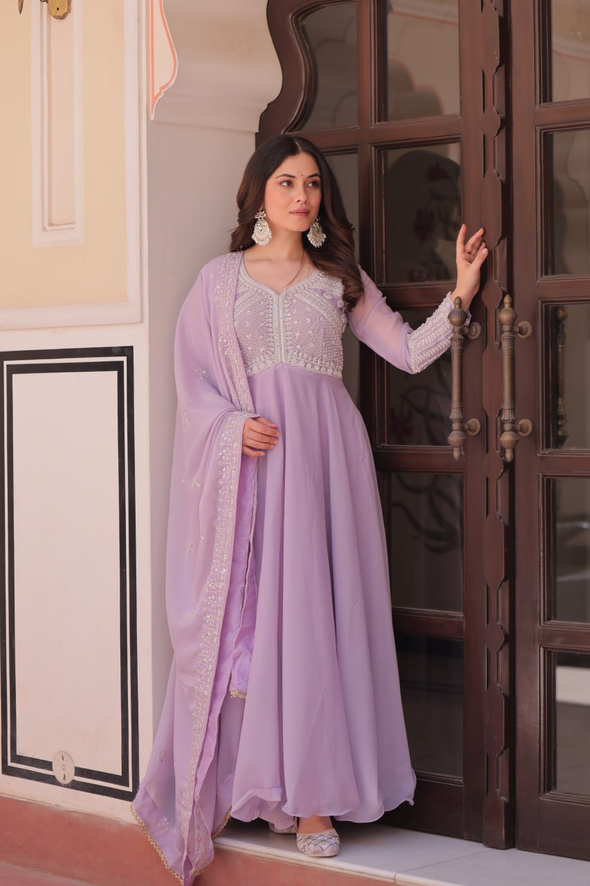 Star Georgette Umbrella Flair Gown with Sequins, Coding & Beads Work