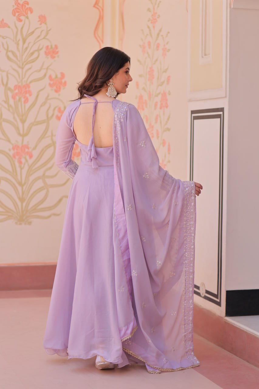 Star Georgette Umbrella Flair Gown with Sequins, Coding & Beads Work