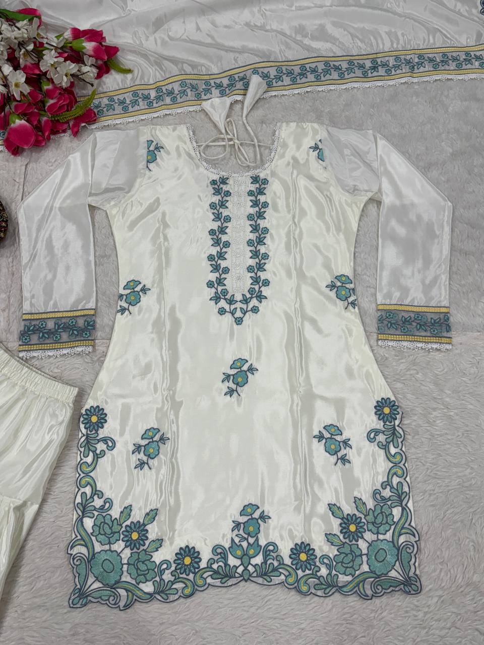 Elegant Full Sleeve Silk Kurti with Farshi Salwar & Dupatta