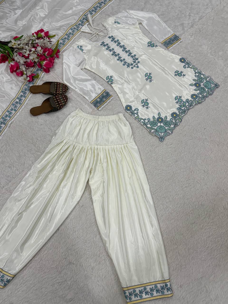 Elegant Full Sleeve Silk Kurti with Farshi Salwar & Dupatta
