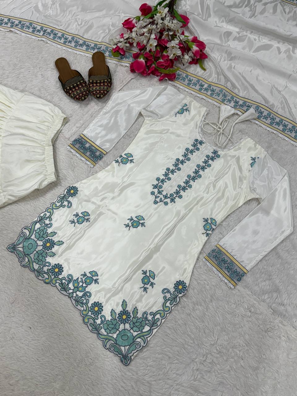 Elegant Full Sleeve Silk Kurti with Farshi Salwar & Dupatta
