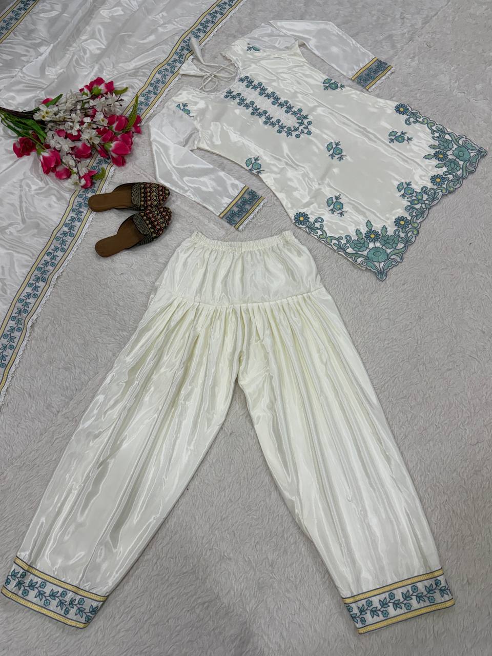 Elegant Full Sleeve Silk Kurti with Farshi Salwar & Dupatta