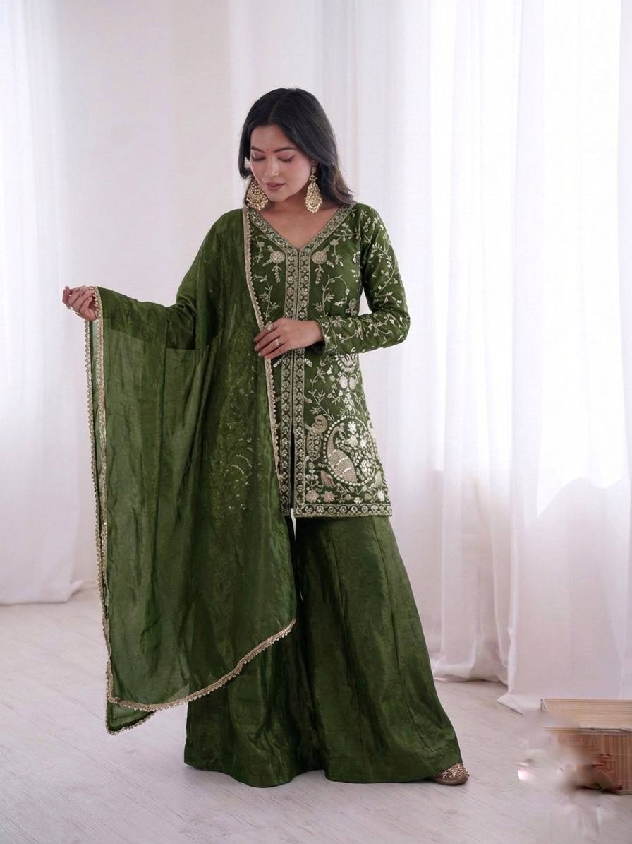 Pure Fendy Silk Palazzo Set with Heavy Embroidery Sequence Work