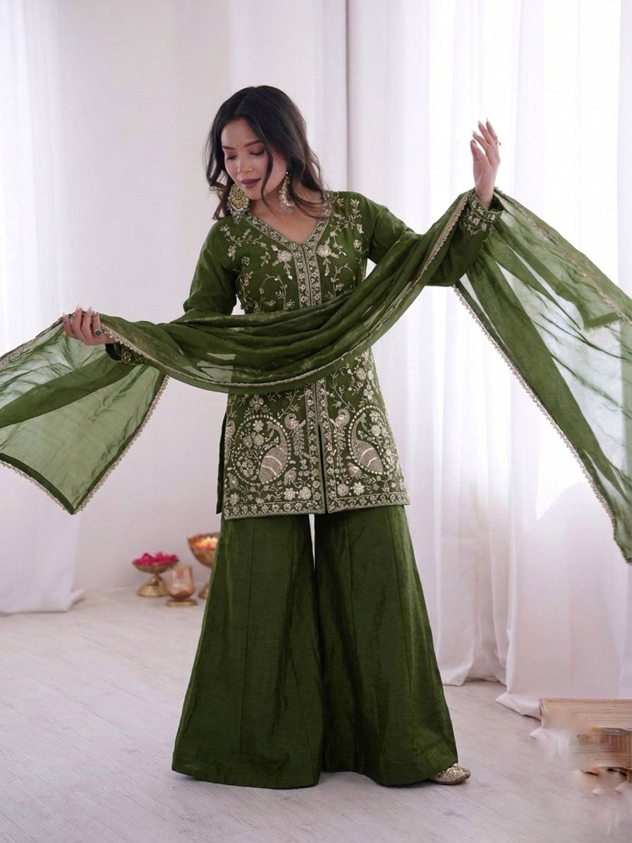 Pure Fendy Silk Palazzo Set with Heavy Embroidery Sequence Work