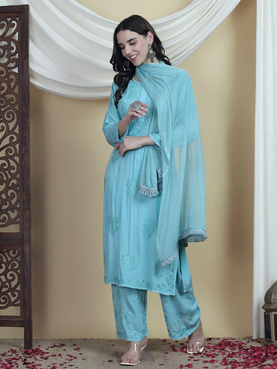 Rayon Embroidered Palazzo Suit with Faux Georgette Lace Dupatta