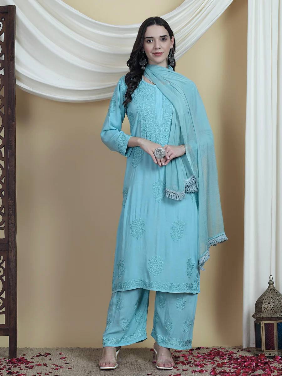 Rayon Embroidered Palazzo Suit with Faux Georgette Lace Dupatta