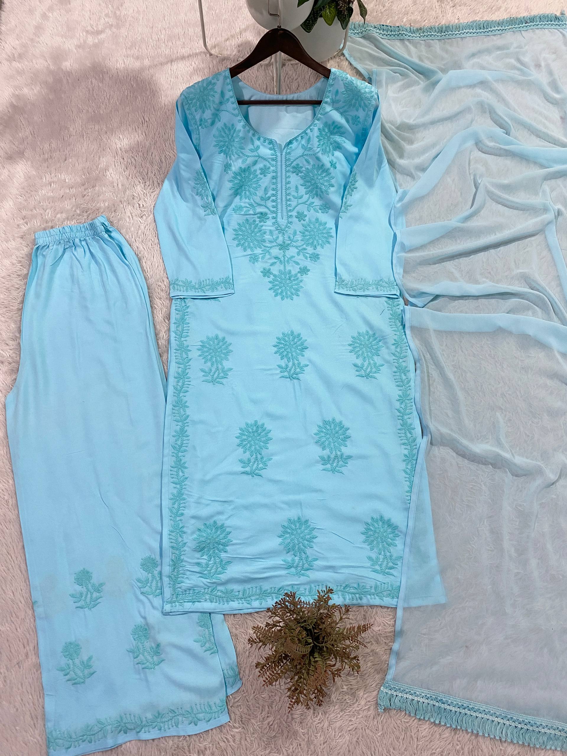 Rayon Embroidered Palazzo Suit with Faux Georgette Lace Dupatta