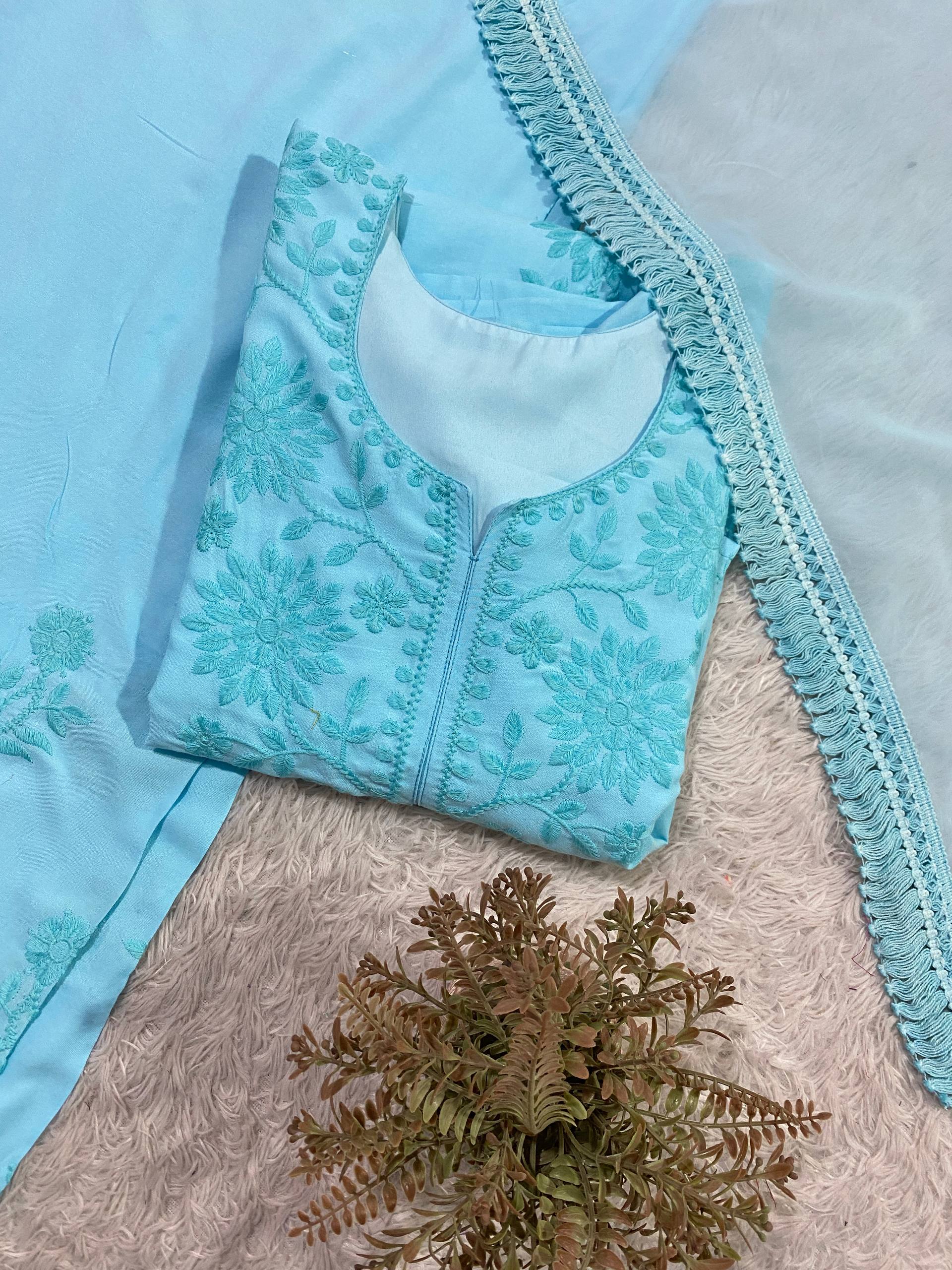 Rayon Embroidered Palazzo Suit with Faux Georgette Lace Dupatta