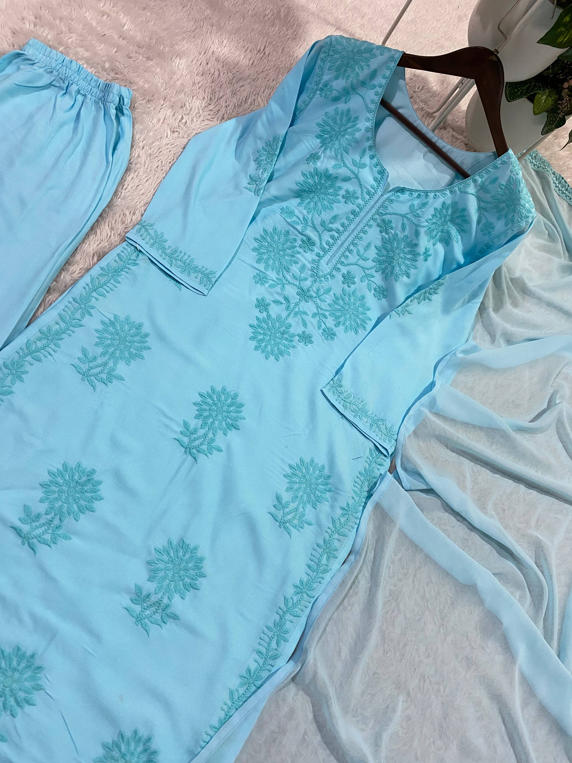 Rayon Embroidered Palazzo Suit with Faux Georgette Lace Dupatta