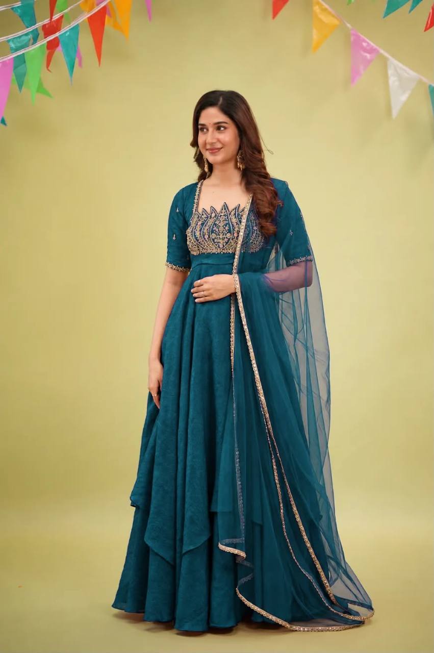 Naayra Lotus Neck Gown with Beadwork, Sequin Embroidery & Butterfly Net Dupatta, Diwali & Karwa Chauth Special