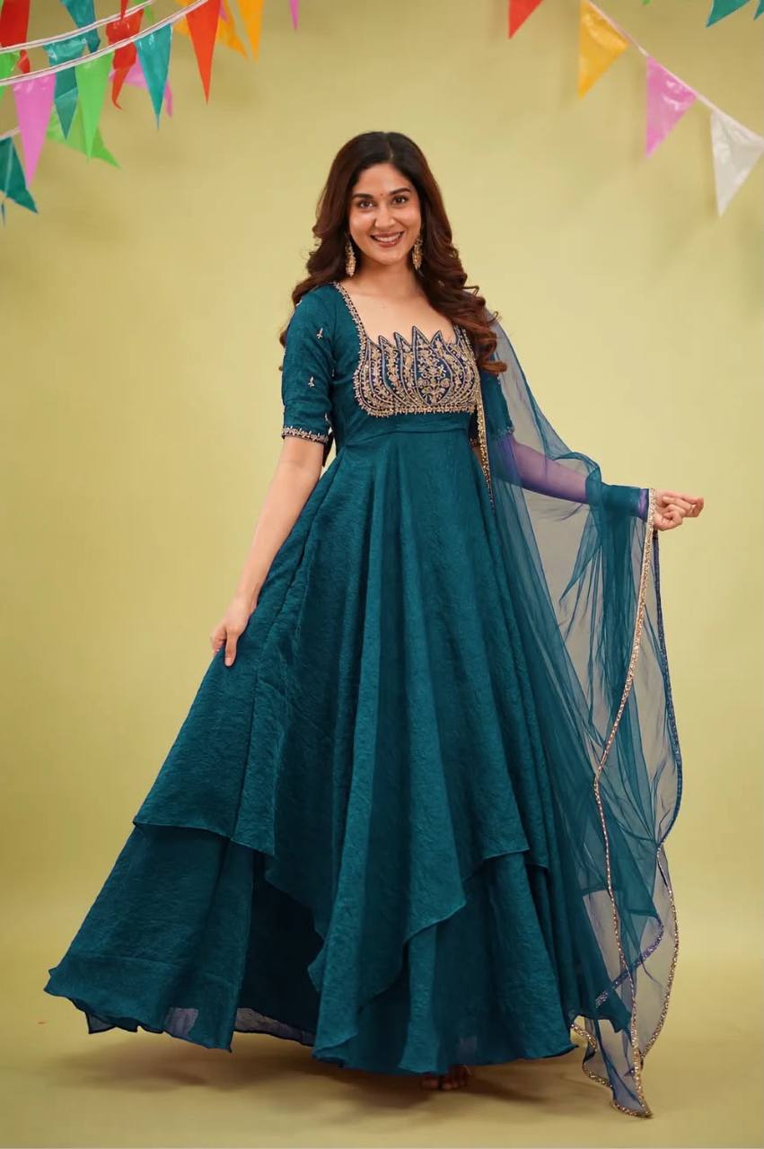 Naayra Lotus Neck Gown with Beadwork, Sequin Embroidery & Butterfly Net Dupatta, Diwali & Karwa Chauth Special