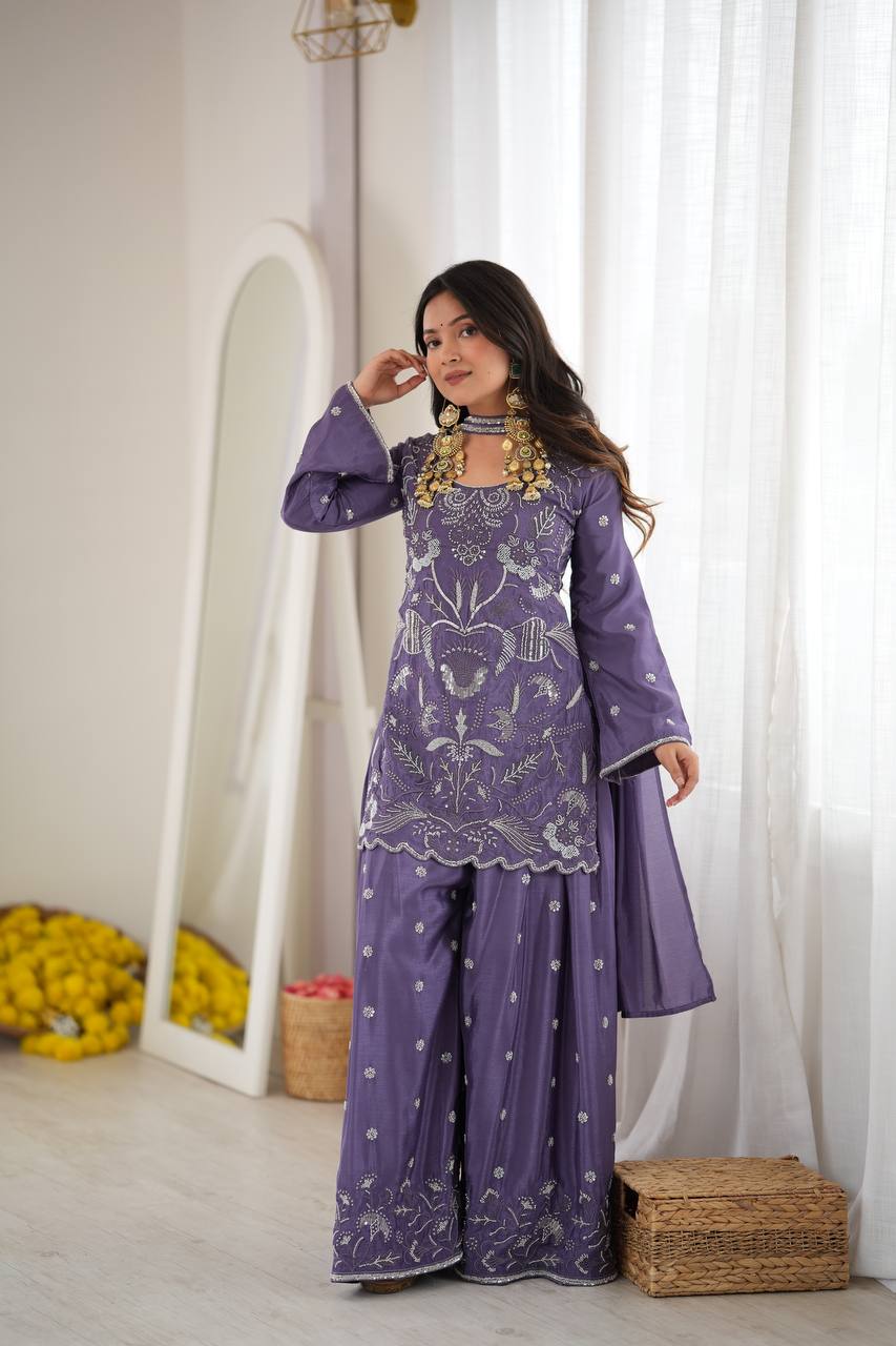 Inaya Premium Chinon Silk Cut Dana Beaded Palazzo Suit Set with Sequin Detailing