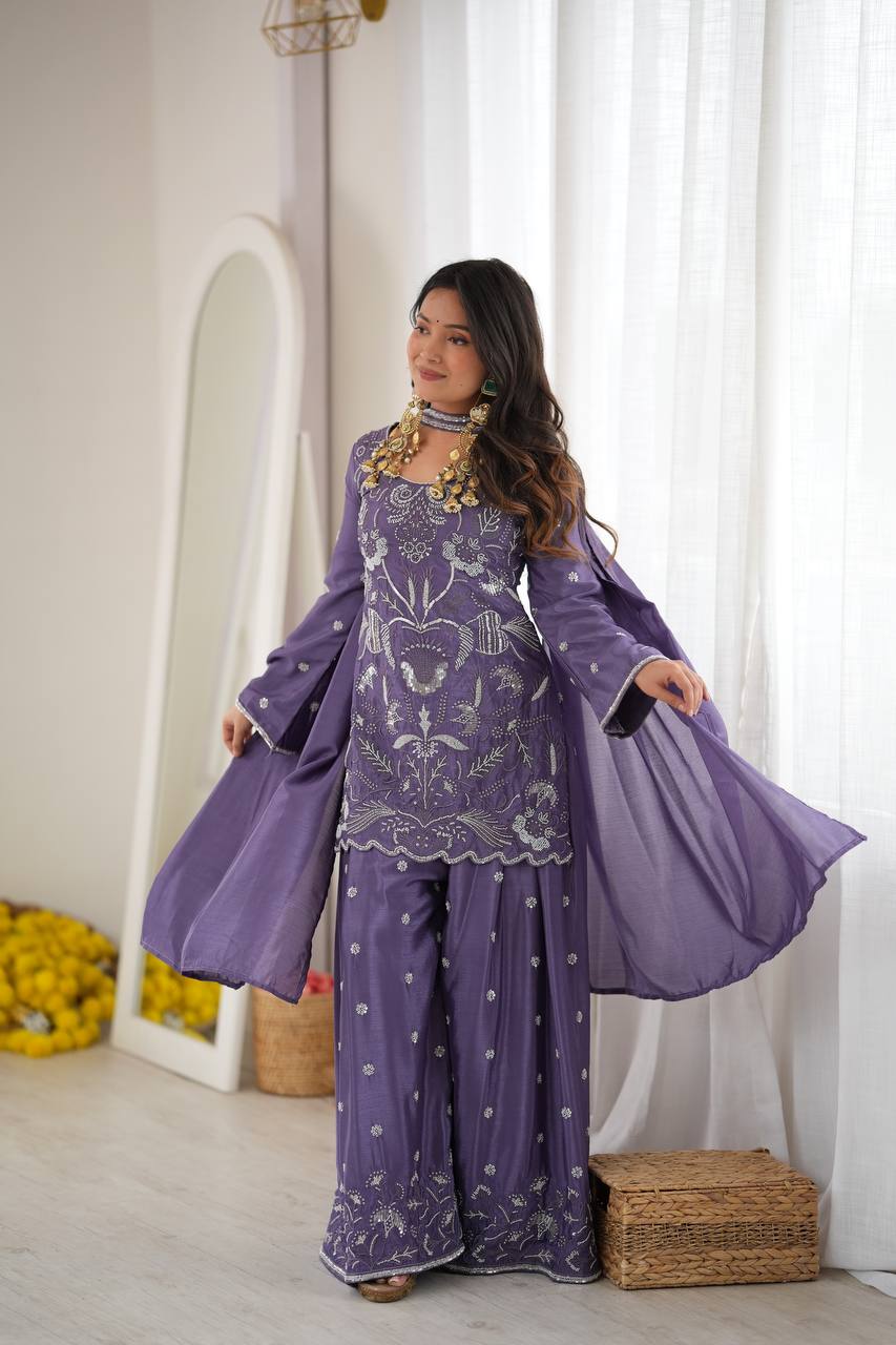 Inaya Premium Chinon Silk Cut Dana Beaded Palazzo Suit Set with Sequin Detailing