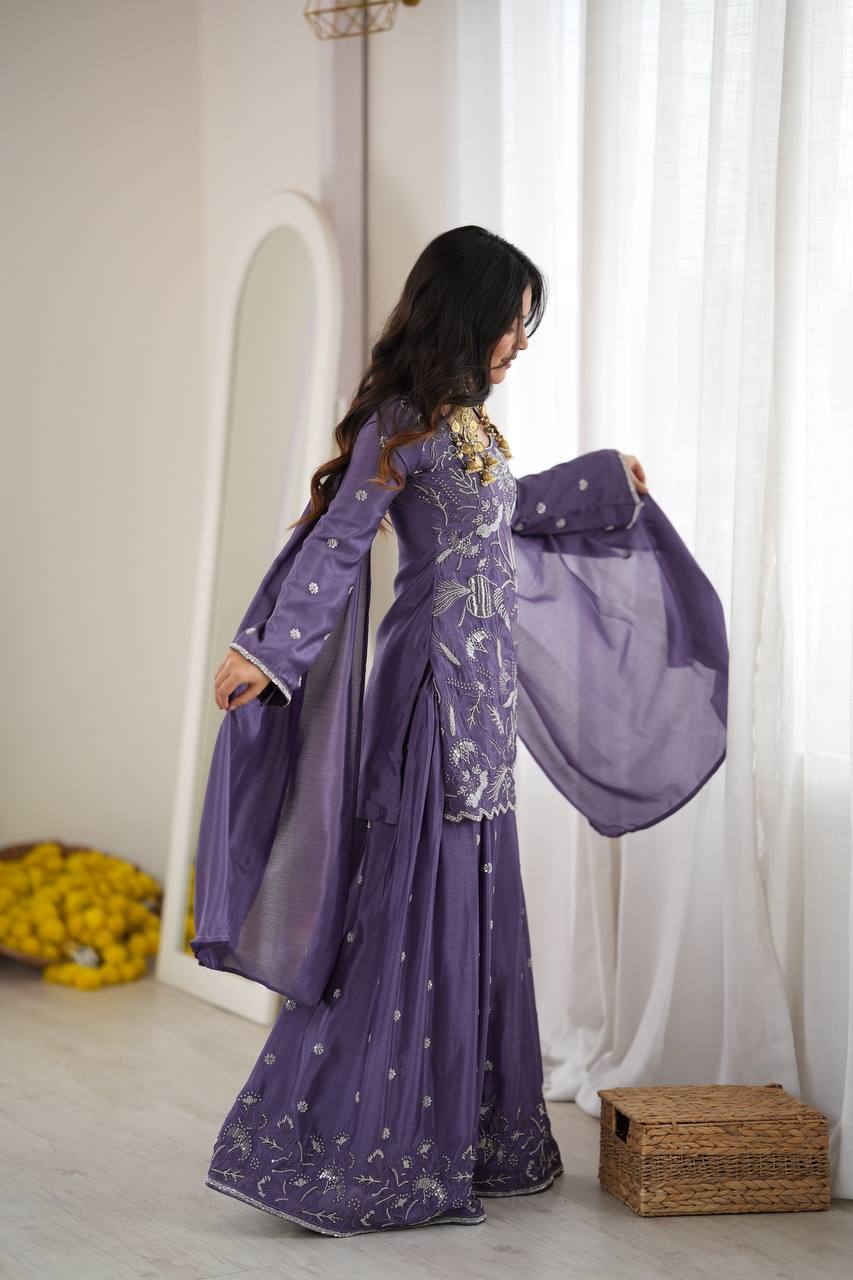Inaya Premium Chinon Silk Cut Dana Beaded Palazzo Suit Set with Sequin Detailing