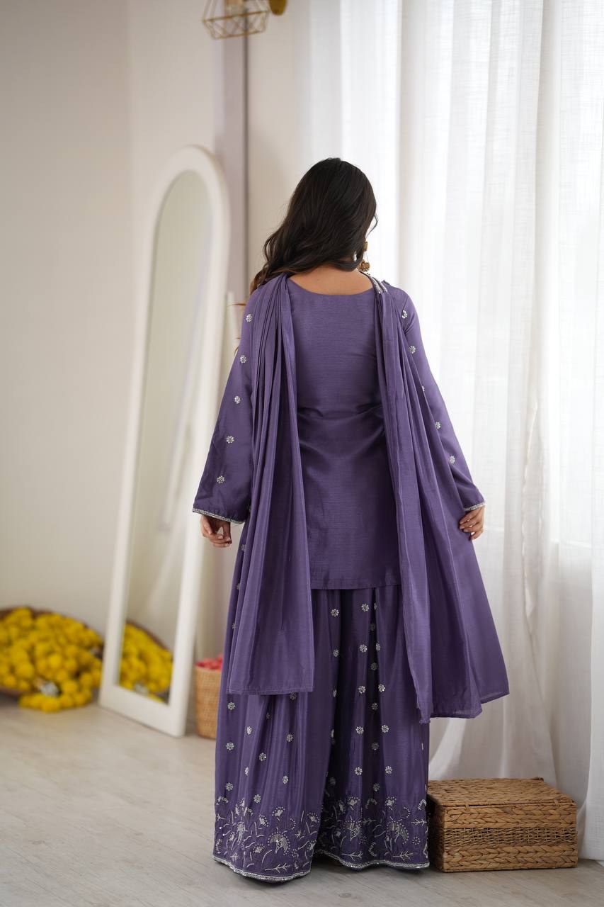 Inaya Premium Chinon Silk Cut Dana Beaded Palazzo Suit Set with Sequin Detailing