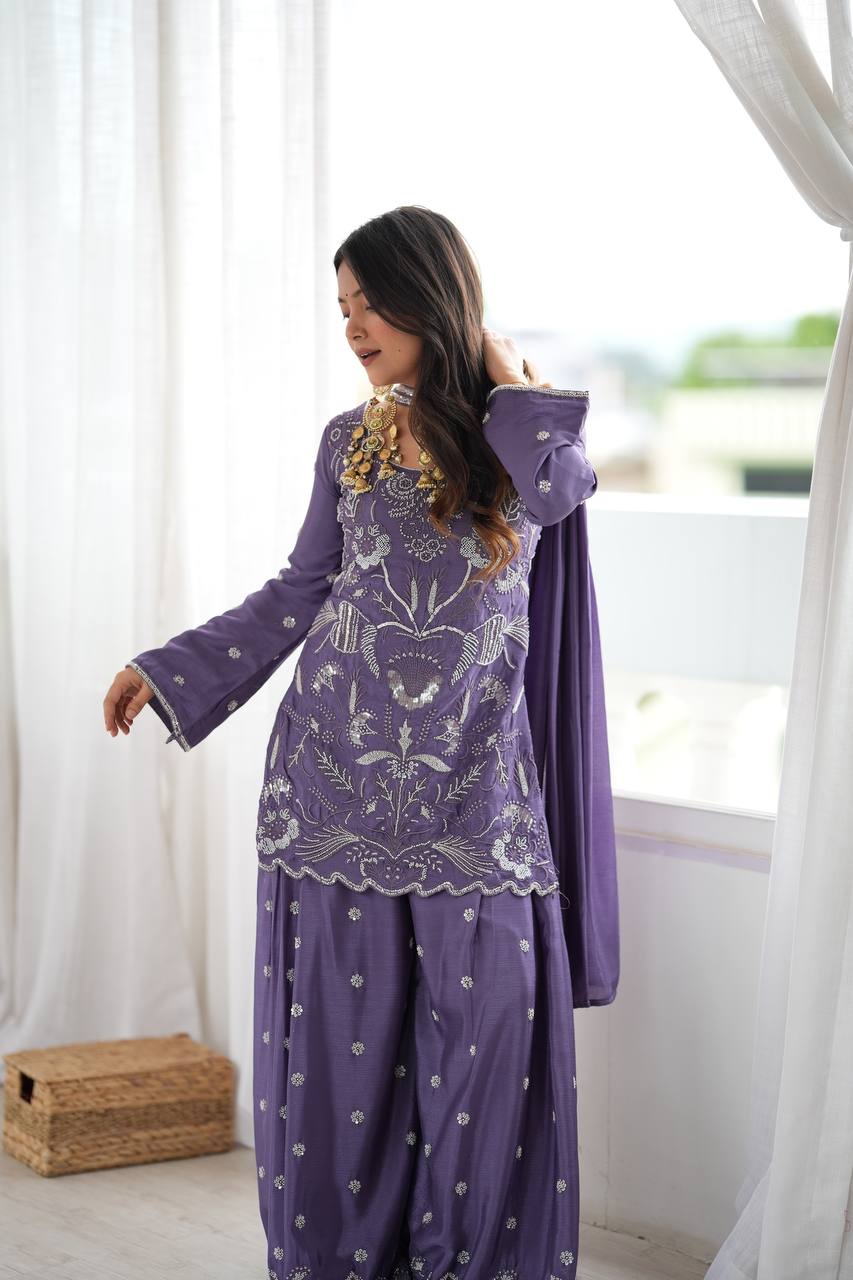 Inaya Premium Chinon Silk Cut Dana Beaded Palazzo Suit Set with Sequin Detailing