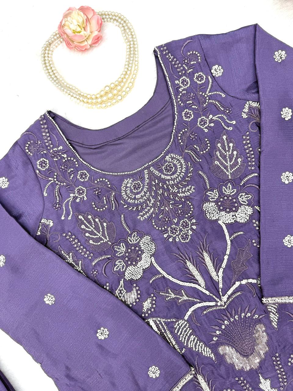 Inaya Premium Chinon Silk Cut Dana Beaded Palazzo Suit Set with Sequin Detailing