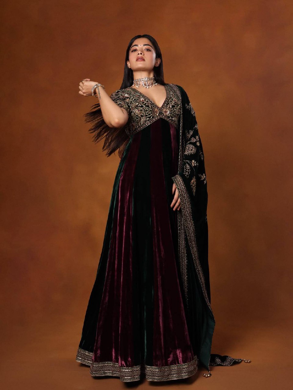 Luxury Velvet Embroidered Gown with Heavy Stone & Sequin Work, 4 Meter Flair, Dori Neck & Matching Dupatta