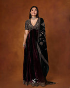 Luxury Velvet Embroidered Gown with Heavy Stone & Sequin Work, 4 Meter Flair, Dori Neck & Matching Dupatta