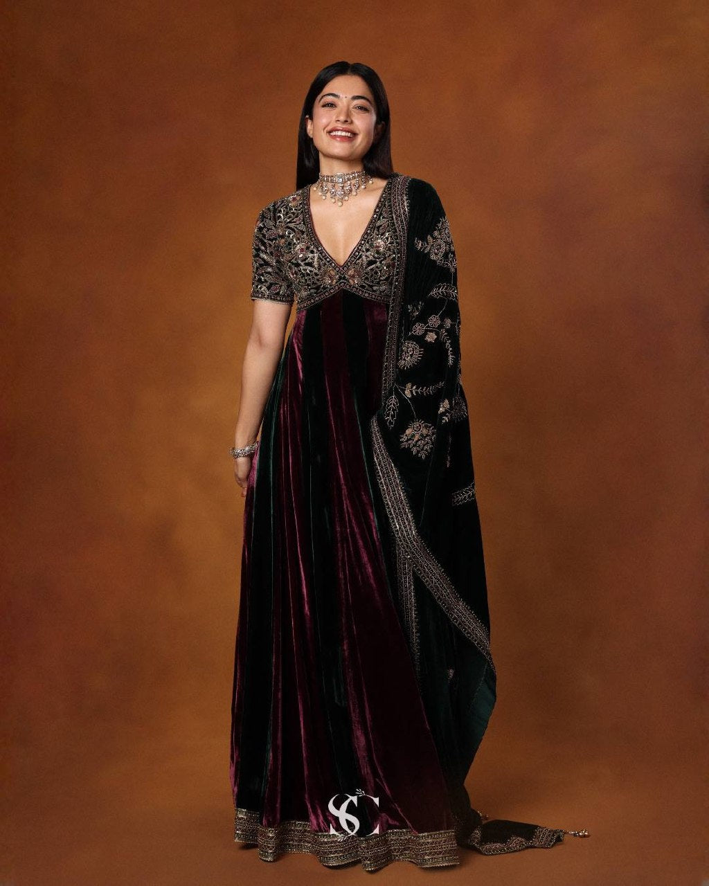 Luxury Velvet Embroidered Gown with Heavy Stone & Sequin Work, 4 Meter Flair, Dori Neck & Matching Dupatta