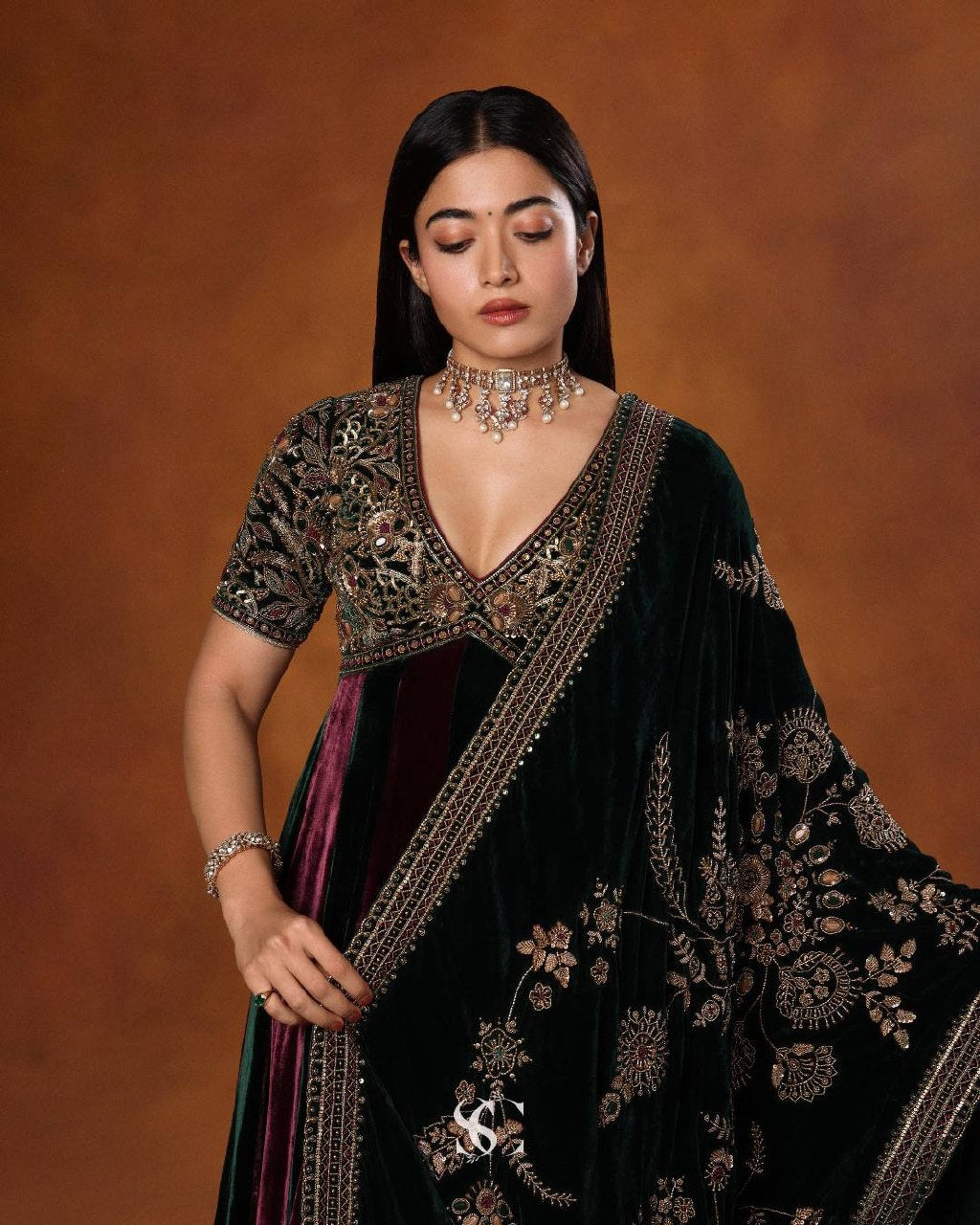 Luxury Velvet Embroidered Gown with Heavy Stone & Sequin Work, 4 Meter Flair, Dori Neck & Matching Dupatta